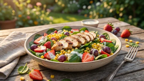 A vibrant summer salad with grilled chicken, fresh strawberries, grapes, and corn in a white bowl on an outdoor table.