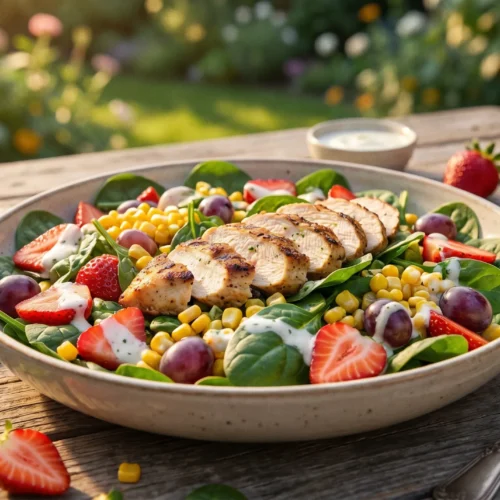 A vibrant summer salad with grilled chicken, fresh strawberries, grapes, and corn in a white bowl on an outdoor table.