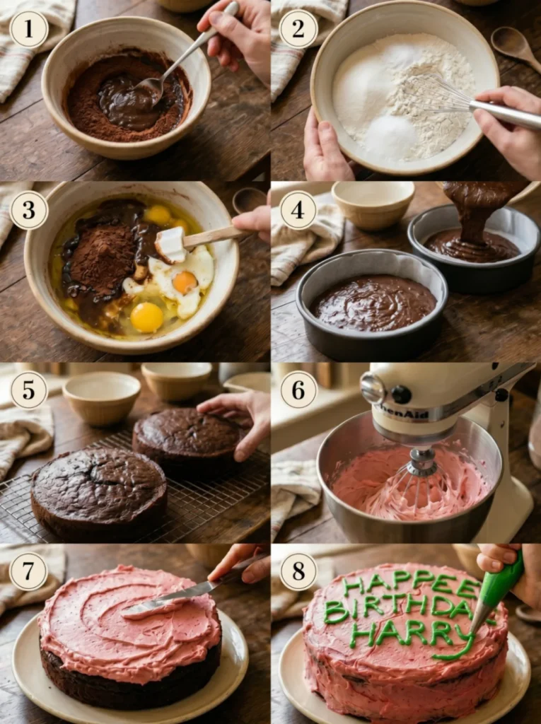 A grid of 8 photos showing the steps from mixing ingredients to the final decorated Harry Potter cake.