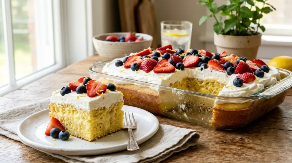 A close-up of a slice of lemon berry poke cake with whipped cream, strawberries, and blueberries on a white plate.