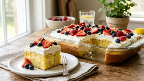 A close-up of a slice of lemon berry poke cake with whipped cream, strawberries, and blueberries on a white plate.