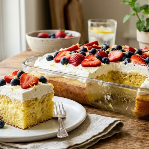 A close-up of a slice of lemon berry poke cake with whipped cream, strawberries, and blueberries on a white plate.