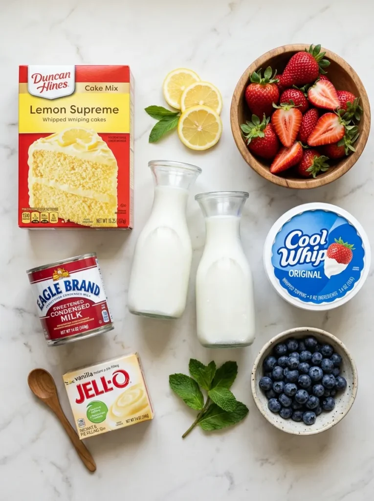 A clean arrangement of cake mix, milk, pudding, whipped topping, and fresh berries on a marble surface.