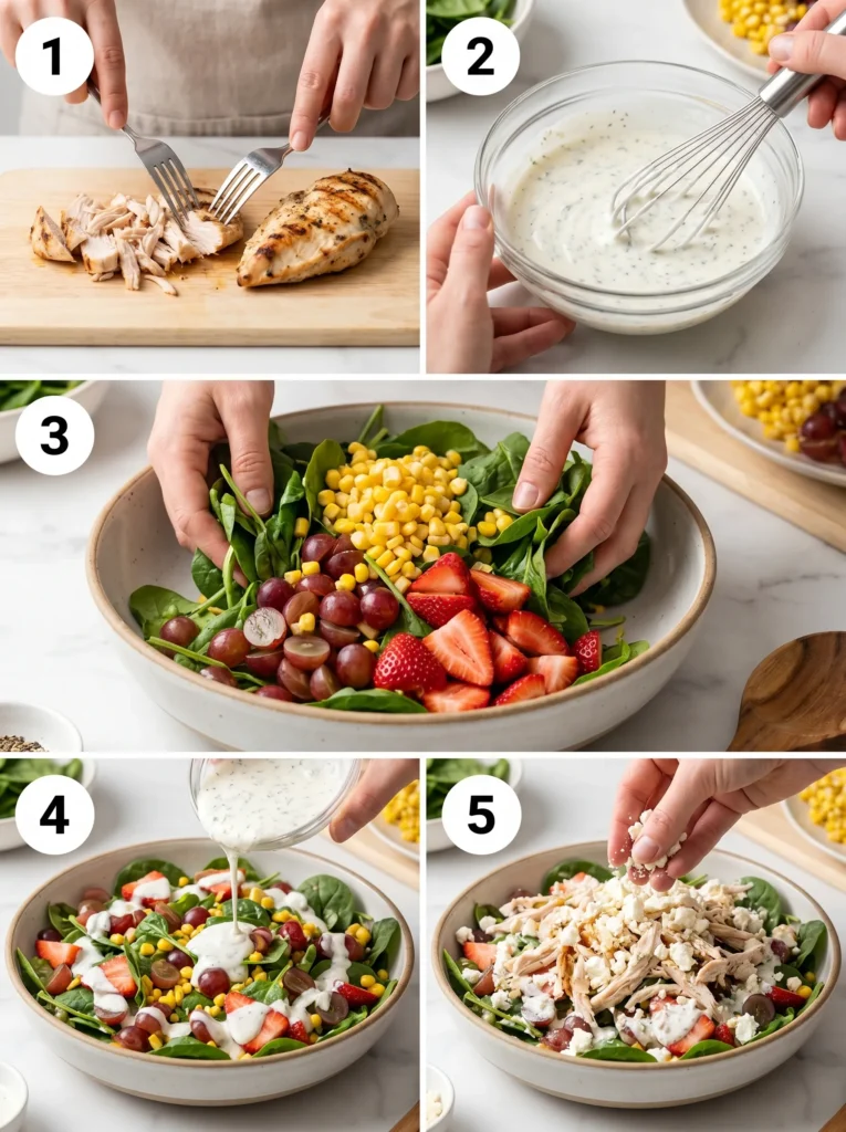 A 5-step collage showing the process of making a healthy summer chicken salad, from shredding chicken to garnishing with feta.
