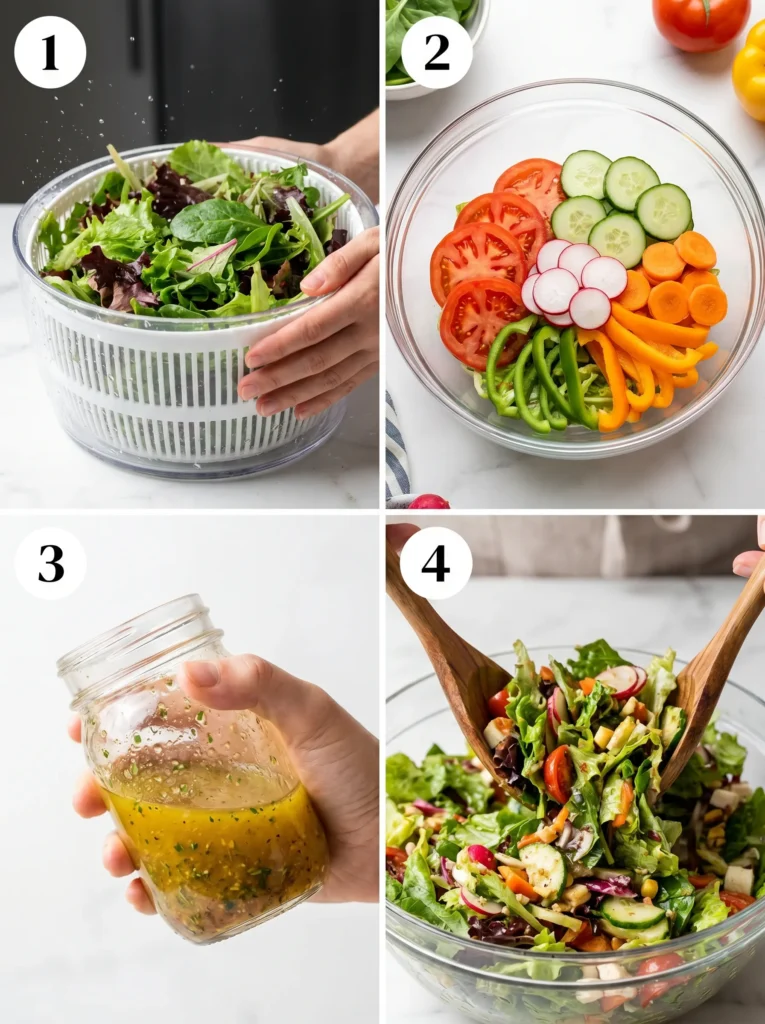 A four-panel grid showing the steps of making a summer salad: drying greens, layering vegetables, making dressing, and tossing the salad.