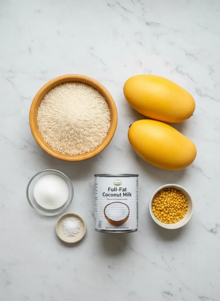 Overhead view of mango sticky rice ingredients including raw rice, fresh mangoes, coconut milk, sugar, salt, and mung beans.