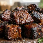 A close-up shot of tender, sauce-coated beef burnt ends with a dark caramelized bark on a wooden board.