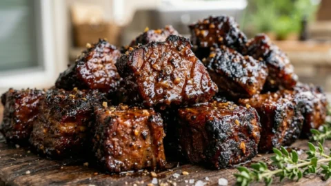 A close-up shot of tender, sauce-coated beef burnt ends with a dark caramelized bark on a wooden board.