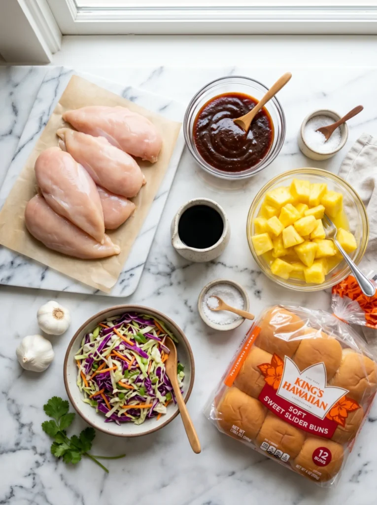 Overhead view of chicken, BBQ sauce, pineapple, soy sauce, garlic, buns, and coleslaw mix on a white marble surface.Cooker recipes