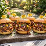 Summer Cooker Recipes A platter of Hawaiian BBQ chicken sliders topped with fresh coleslaw on a wooden table outdoors.