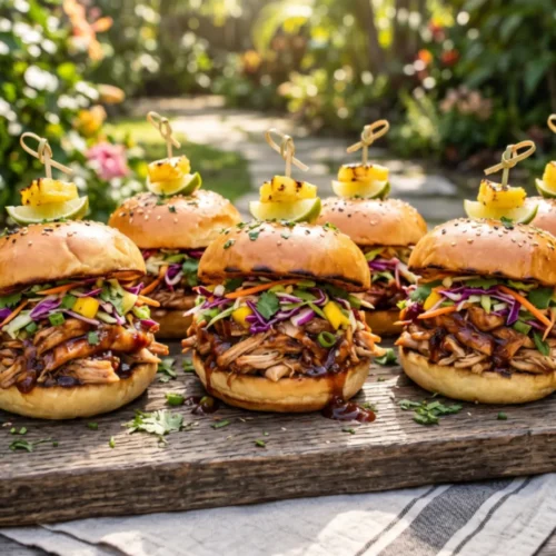 Summer Cooker Recipes A platter of Hawaiian BBQ chicken sliders topped with fresh coleslaw on a wooden table outdoors.