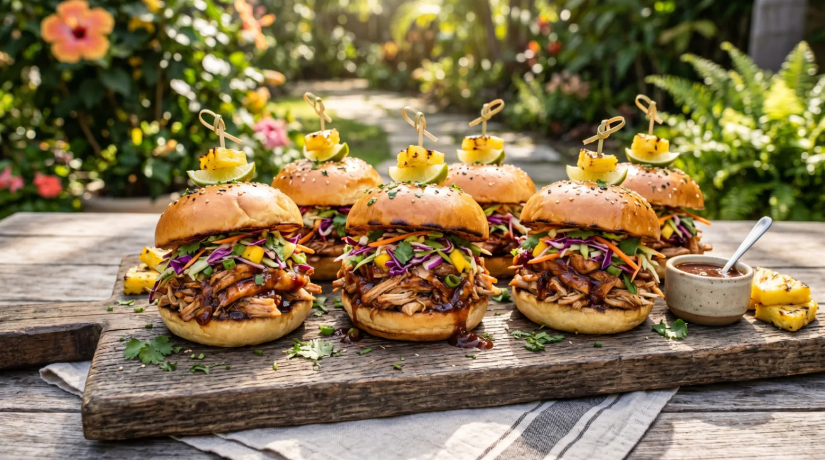 Summer Cooker Recipes A platter of Hawaiian BBQ chicken sliders topped with fresh coleslaw on a wooden table outdoors.