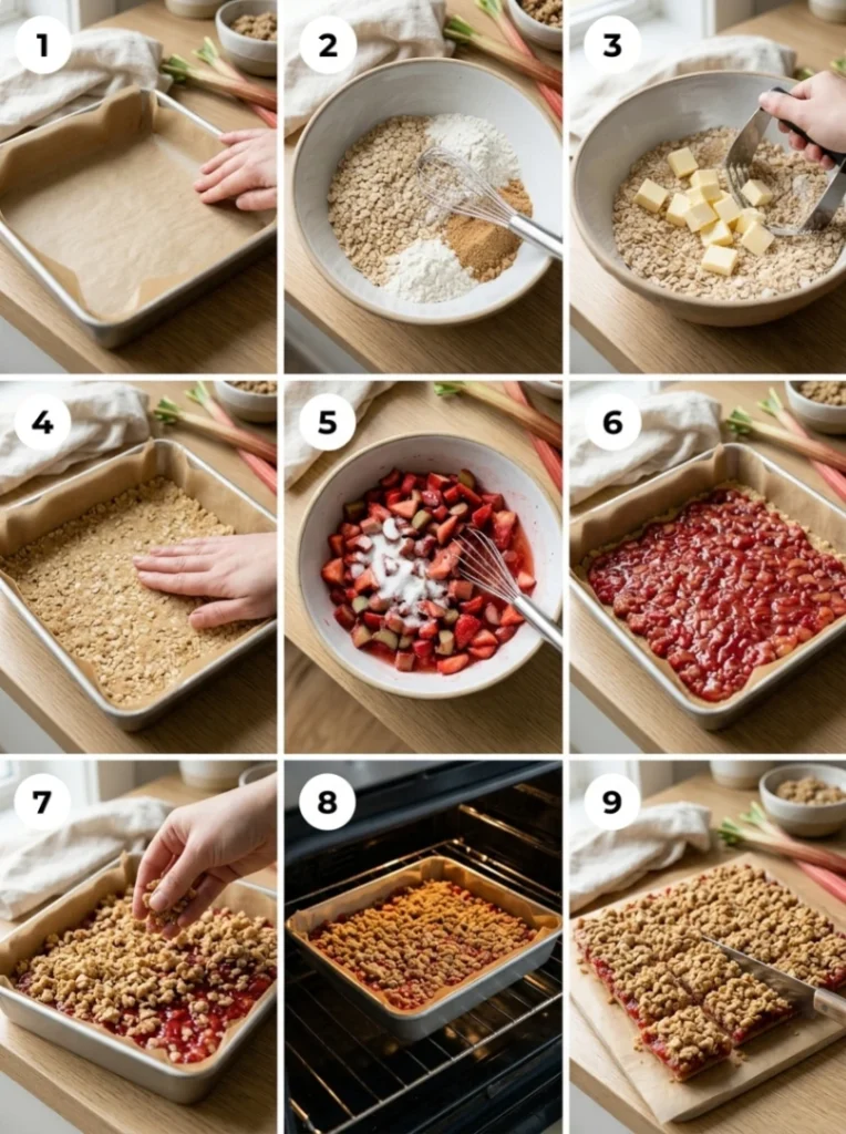 A grid of 9 photos showing the process of making rhubarb bars, from prepping the pan to slicing the final product.