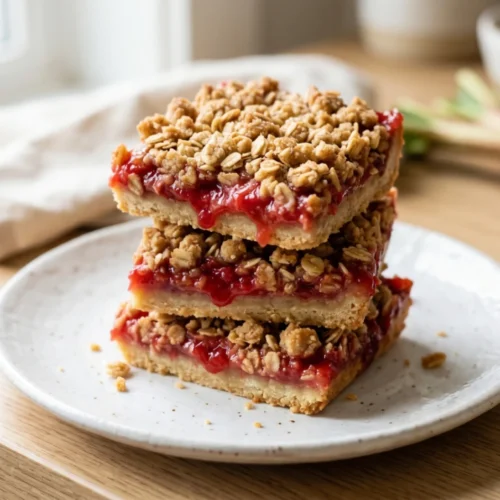A stack of square rhubarb crumble bars with a thick fruit layer and golden oat topping on a white plate.
