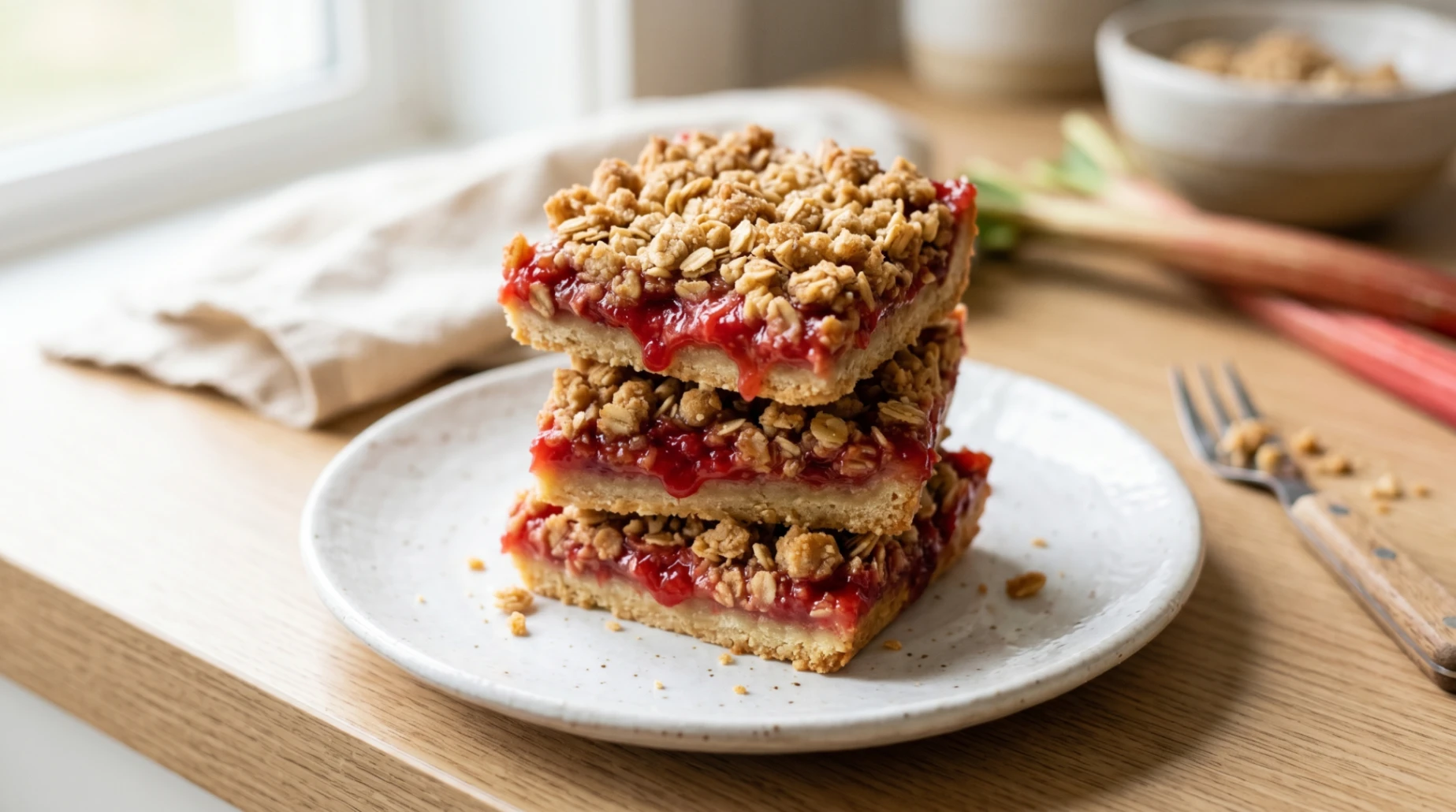 A stack of square rhubarb crumble bars with a thick fruit layer and golden oat topping on a white plate.