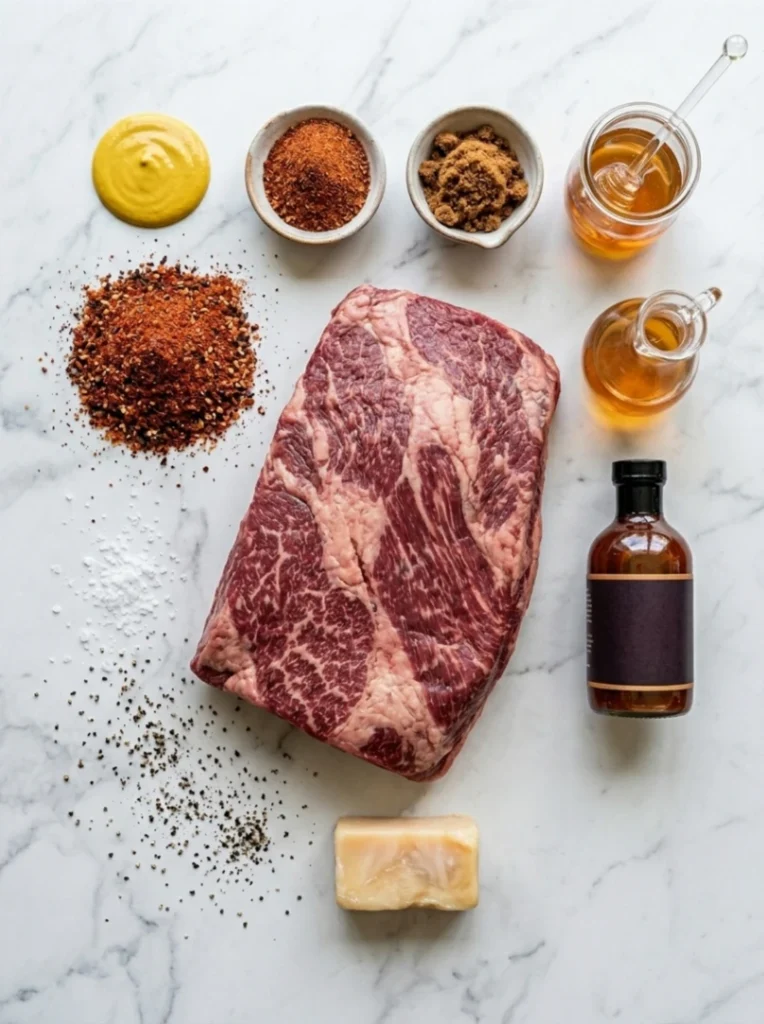 An overhead view of beef brisket, BBQ rub, mustard, honey, and sauce arranged on a marble surface.