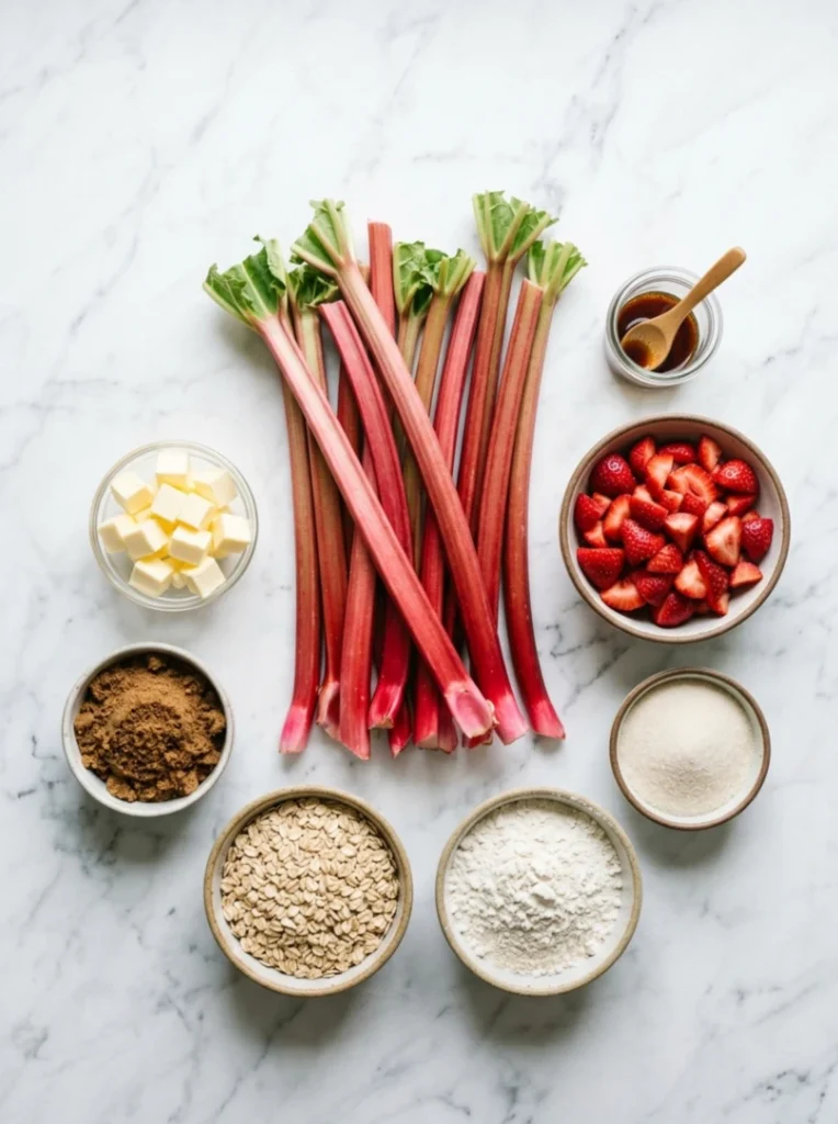 An overhead view of fresh rhubarb, oats, butter, flour, and strawberries arranged on a marble counter.