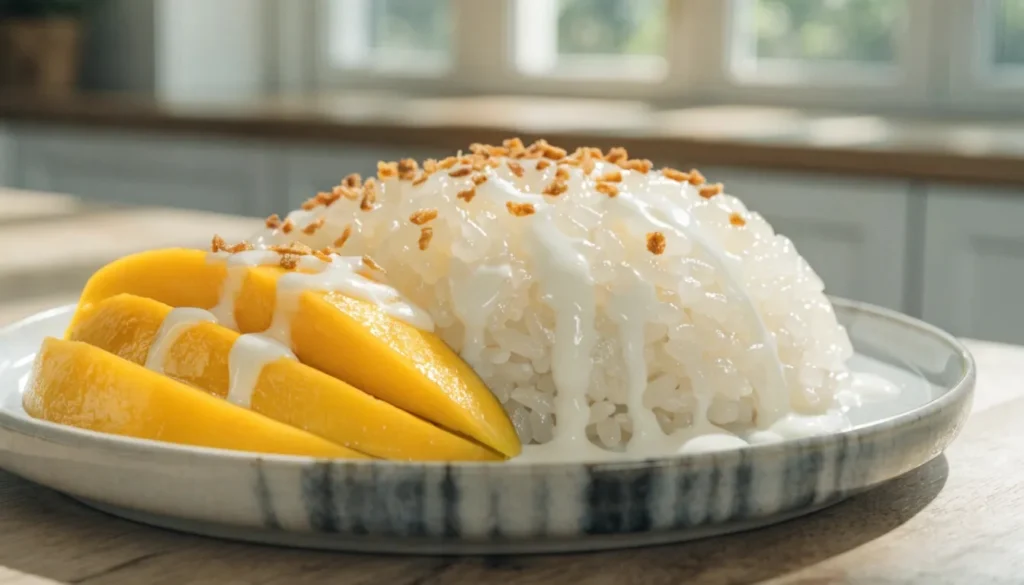 A beautifully plated dish of Thai mango sticky rice with coconut cream and crispy mung beans on a white plate.