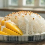 A beautifully plated dish of Thai mango sticky rice with coconut cream and crispy mung beans on a white plate.