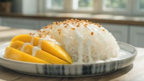 A beautifully plated dish of Thai mango sticky rice with coconut cream and crispy mung beans on a white plate.