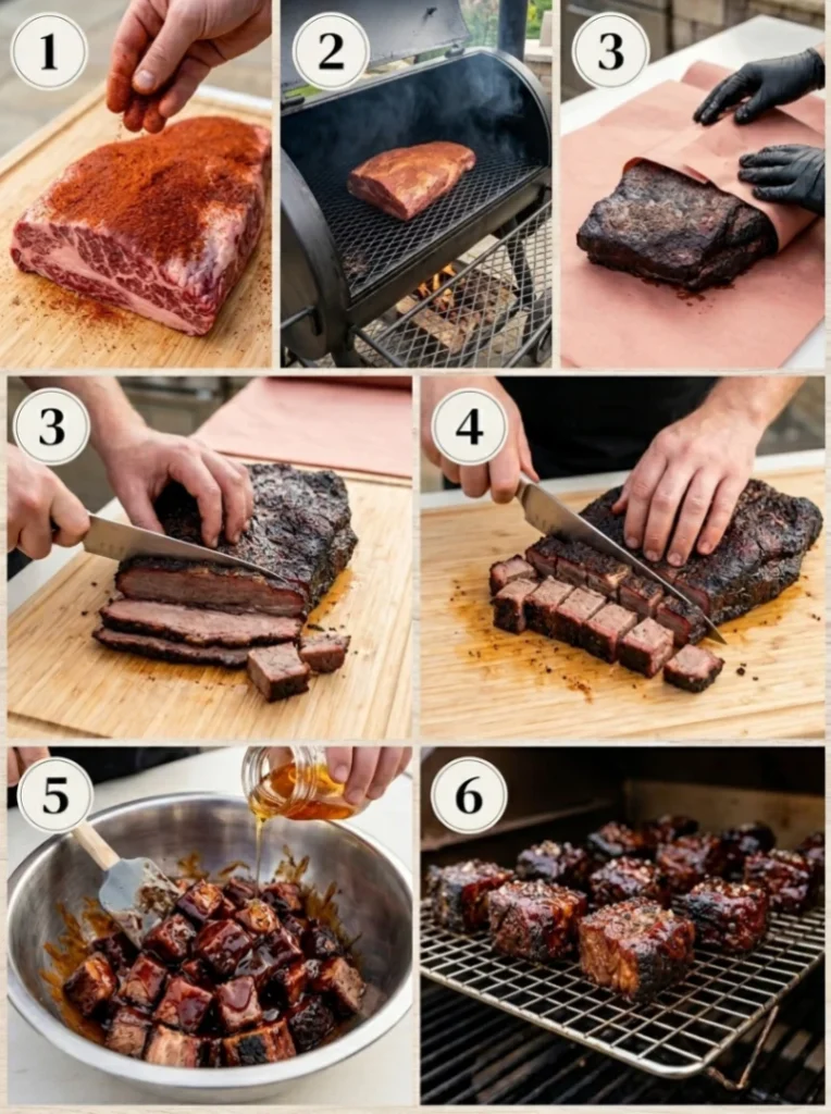 A collage showing the six main steps of making beef burnt ends, from seasoning to the final caramelized result.
