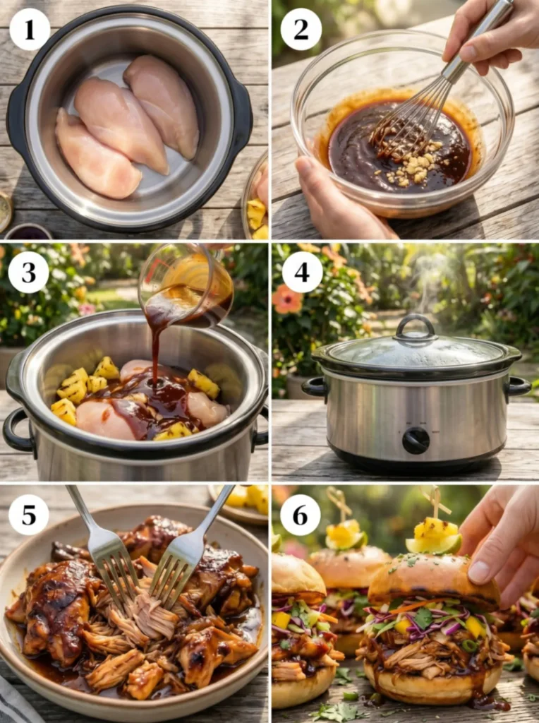 A 6-step collage showing the process of making Hawaiian BBQ chicken sliders from raw ingredients to final assembly.
