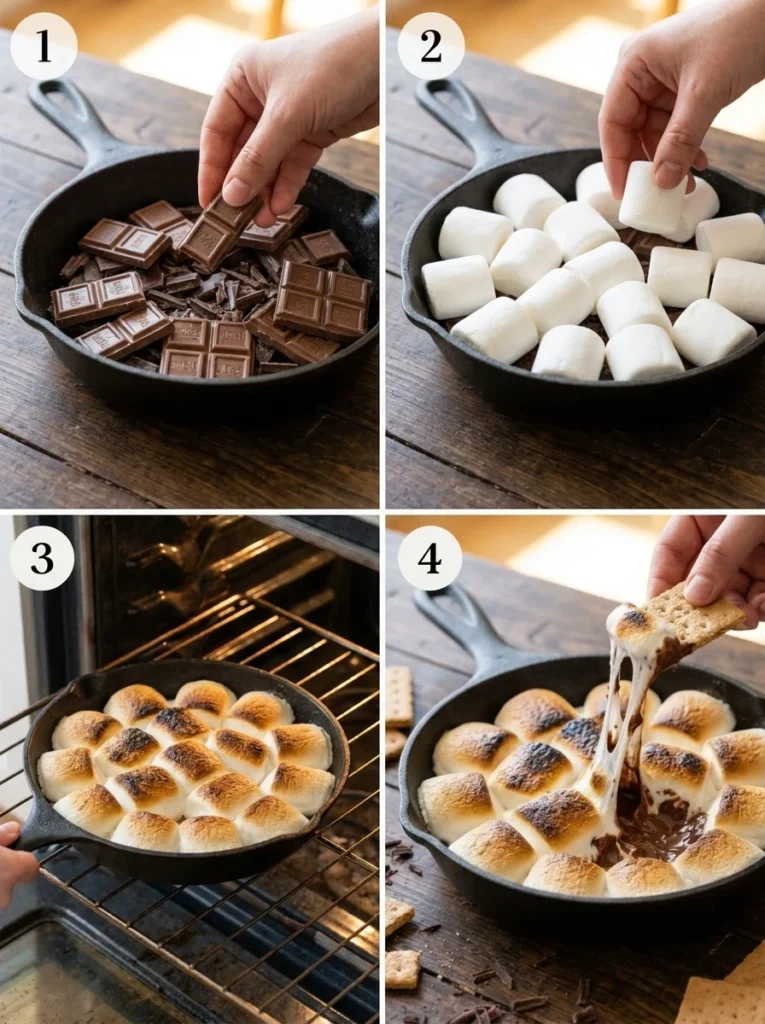 A four-panel grid showing the process of making s'mores dip: layering chocolate, adding marshmallows, baking, and serving.