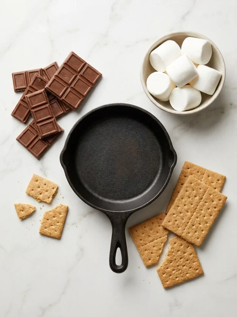 Flat-lay arrangement of chocolate bars, jumbo marshmallows, and graham crackers on a marble surface.