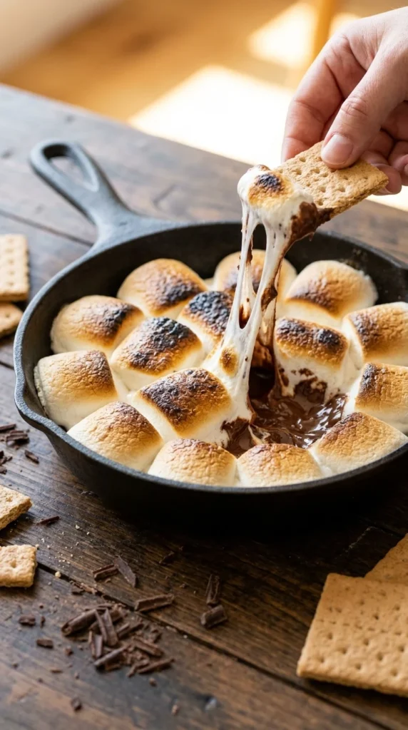 This easy oven baked s'mores dip recipe brings the campfire indoors. Learn how to make a decadent cast iron skillet s'mores dip with toasted jumbo marshmallows and rich melted chocolate in minutes.
