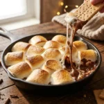 Close-up of toasted marshmallows and melted chocolate in a cast iron skillet with a graham cracker dipping in.