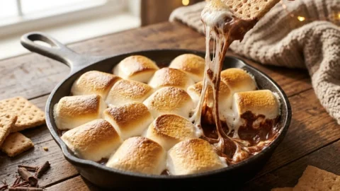 Close-up of toasted marshmallows and melted chocolate in a cast iron skillet with a graham cracker dipping in.