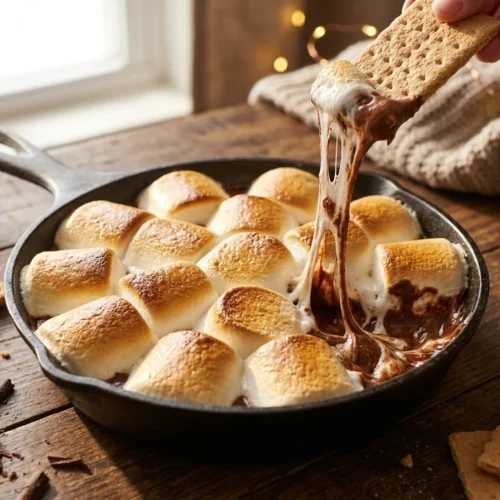 Close-up of toasted marshmallows and melted chocolate in a cast iron skillet with a graham cracker dipping in.