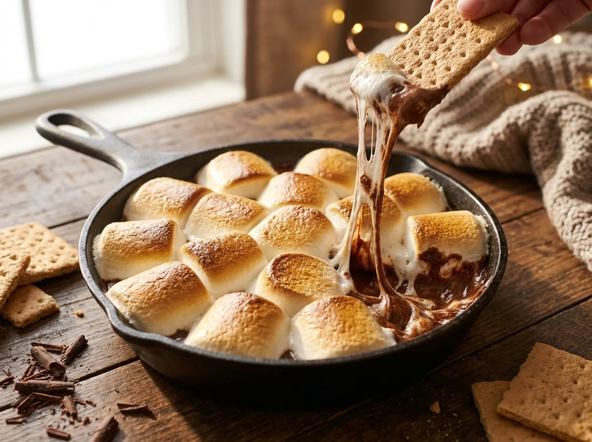 Close-up of toasted marshmallows and melted chocolate in a cast iron skillet with a graham cracker dipping in.