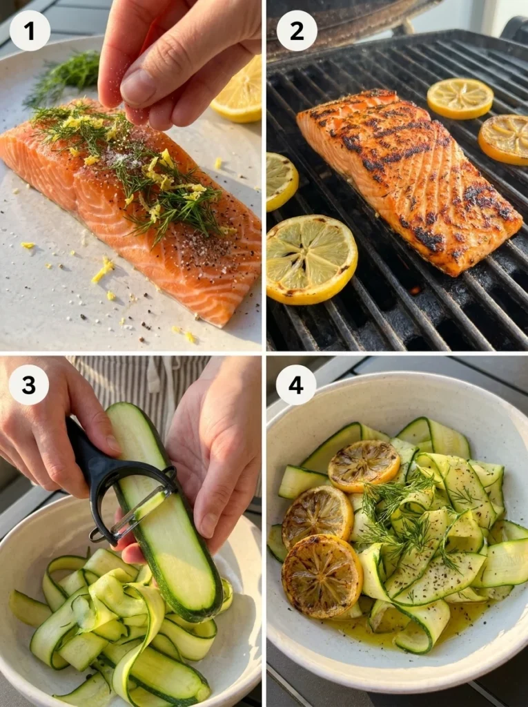 A four-panel grid showing the steps of seasoning, grilling salmon, peeling zucchini, and mixing the salad.