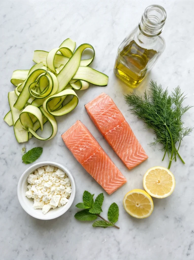 Carb Summer Dinner :Flat-lay view of raw salmon, zucchini, lemons, fresh herbs, and olive oil on a marble surface.