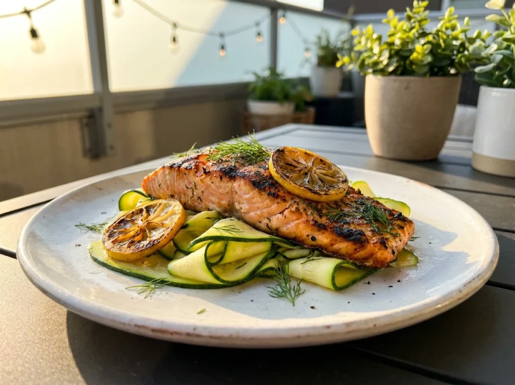 Carb Summer Dinner : A perfectly grilled salmon fillet with charred lemon slices resting on a bed of fresh zucchini ribbons on a white plate.