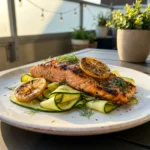 Carb Summer Dinner : A perfectly grilled salmon fillet with charred lemon slices resting on a bed of fresh zucchini ribbons on a white plate.