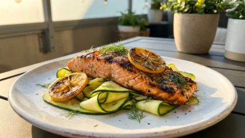 Carb Summer Dinner : A perfectly grilled salmon fillet with charred lemon slices resting on a bed of fresh zucchini ribbons on a white plate.