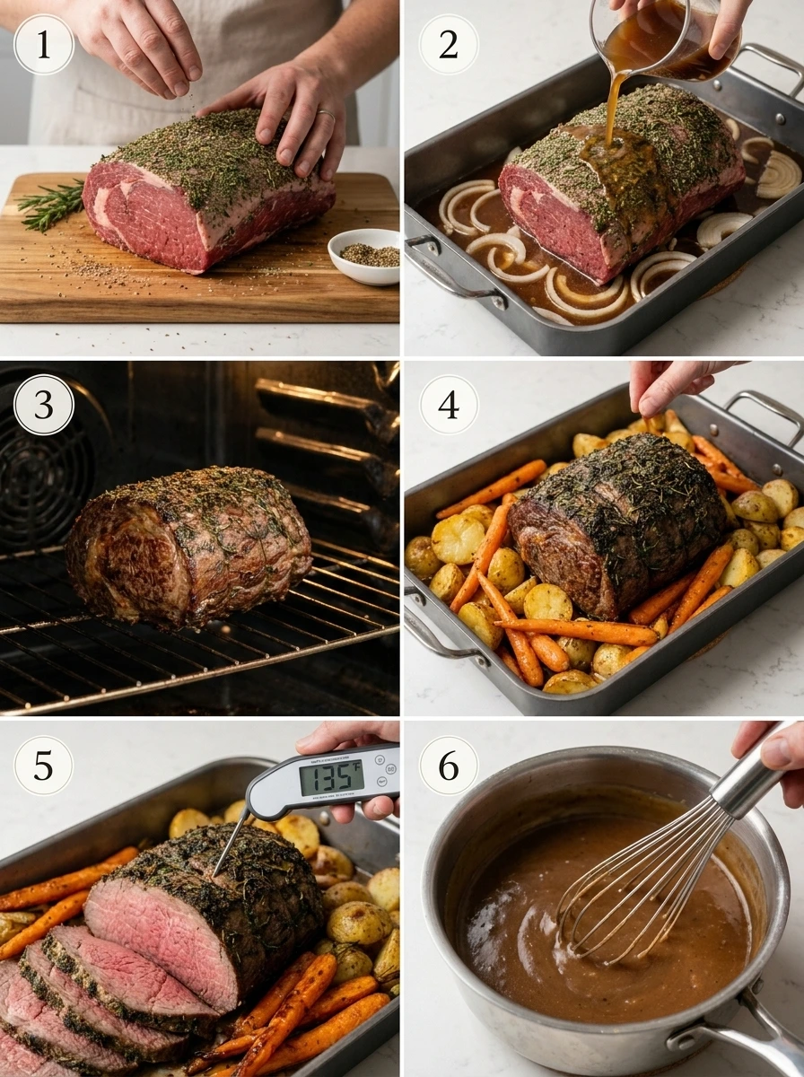 A grid of six images showing the steps to prepare a rump roast from seasoning to gravy making.