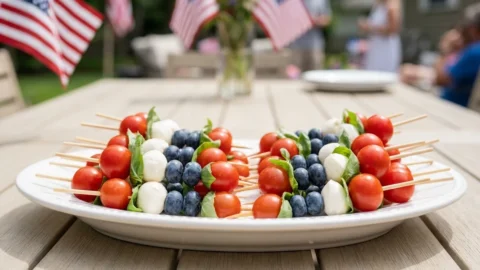 A platter of patriotic caprese skewers with tomatoes, mozzarella, blueberries, and basil for a 4th of July party.