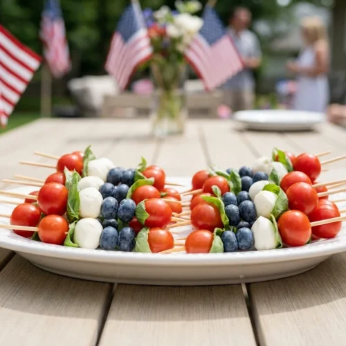 A platter of patriotic caprese skewers with tomatoes, mozzarella, blueberries, and basil for a 4th of July party.