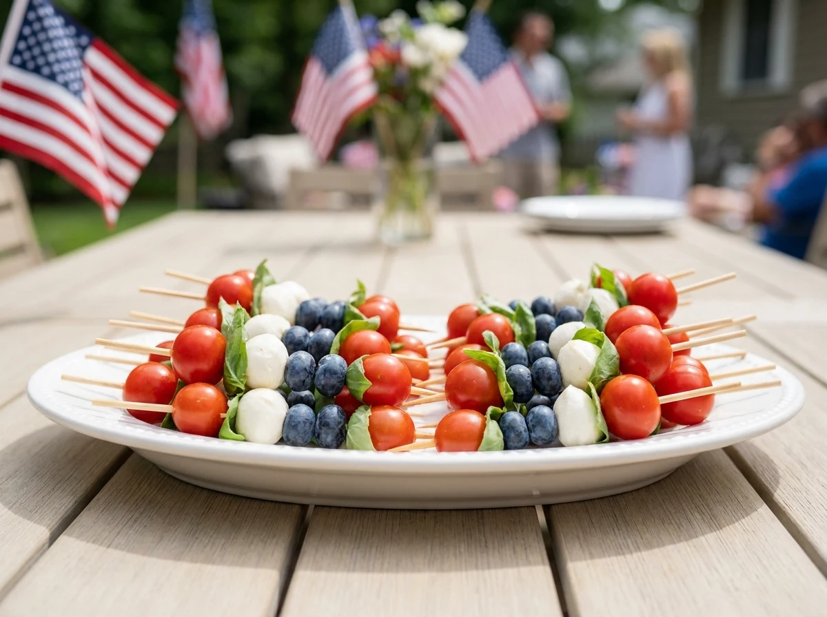A platter of patriotic caprese skewers with tomatoes, mozzarella, blueberries, and basil for a 4th of July party.