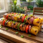 A platter of colorful Hawaiian chicken skewers with pineapple and bell peppers, featuring perfect grill marks and a glossy glaze.