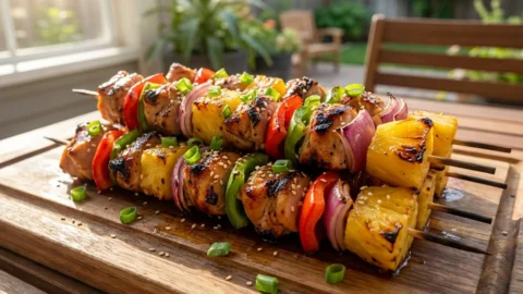 A platter of colorful Hawaiian chicken skewers with pineapple and bell peppers, featuring perfect grill marks and a glossy glaze.