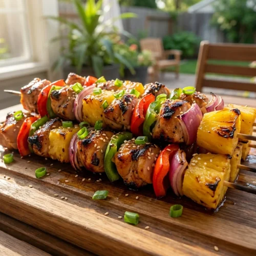 A platter of colorful Hawaiian chicken skewers with pineapple and bell peppers, featuring perfect grill marks and a glossy glaze.