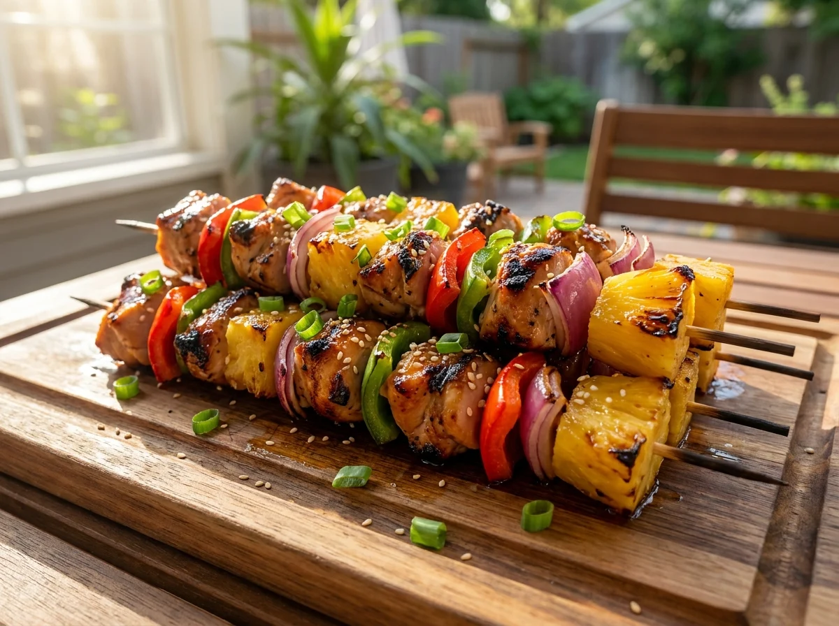 A platter of colorful Hawaiian chicken skewers with pineapple and bell peppers, featuring perfect grill marks and a glossy glaze.