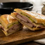 Close-up of a perfectly pressed Cuban sandwich with melted cheese and layers of mojo pork and ham.