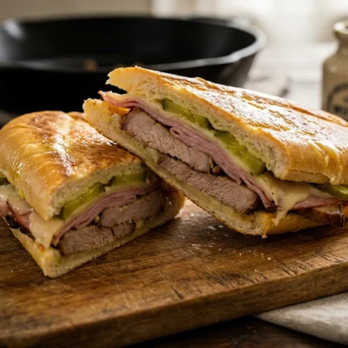 Close-up of a perfectly pressed Cuban sandwich with melted cheese and layers of mojo pork and ham.