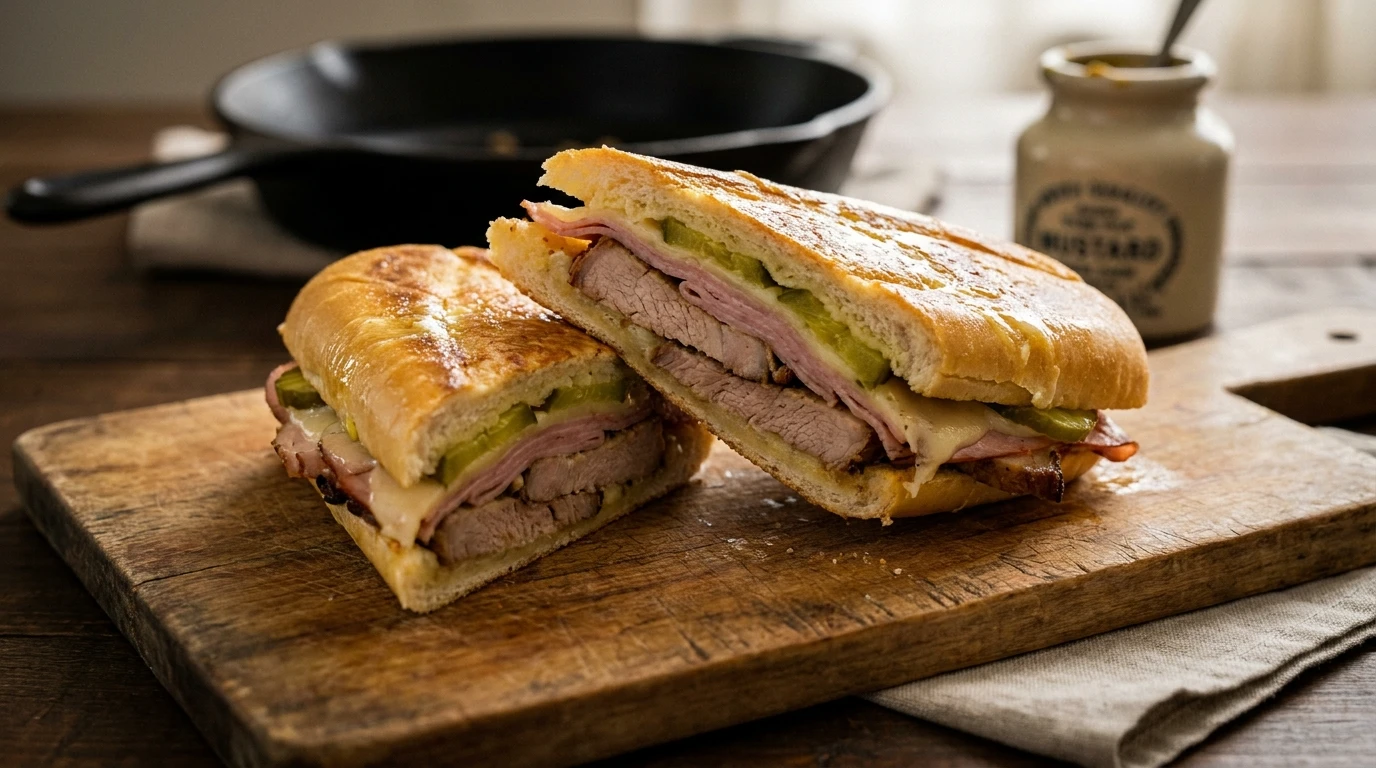 Close-up of a perfectly pressed Cuban sandwich with melted cheese and layers of mojo pork and ham.