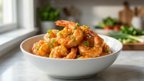 A close-up shot of crispy fried shrimp tossed in a creamy spicy sauce and garnished with scallions in a white bowl.